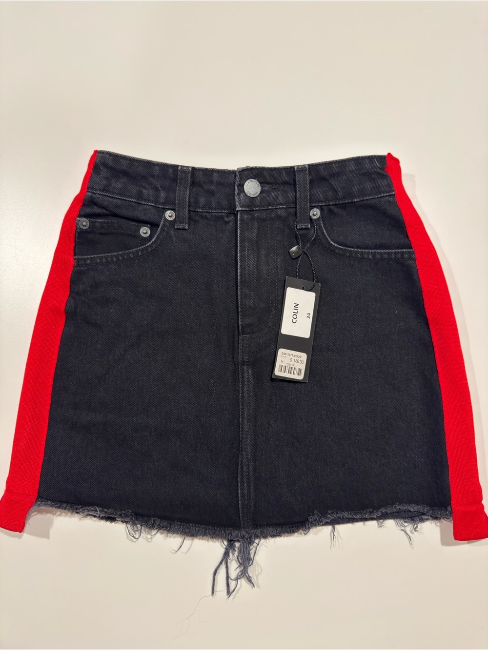 Carmar Los Angeles Black and Red Stripe Distressed Denim Mini Skirt Size 24 NWT